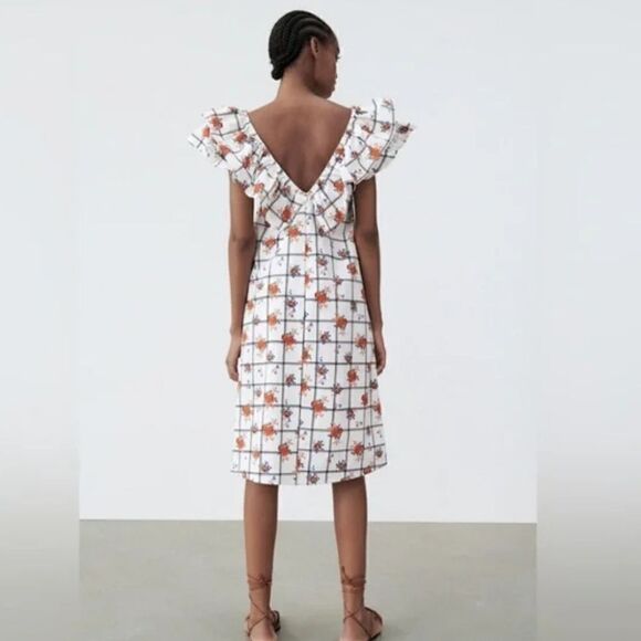 Zara Ruffled Shoulder Midi Dress Size M - Picture 4 of 16